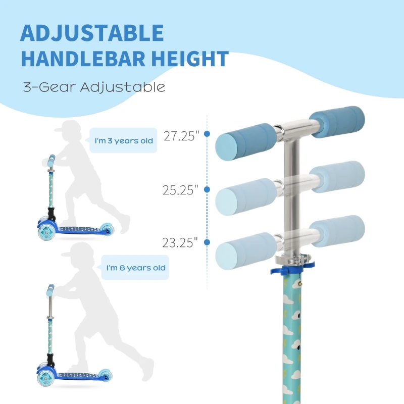 Aosom Kick Scooter for Kids, Foldable Children's Scooter with 3 Wheels, Adjustable Height, and Flashing LED for Boys and Girls, Blue