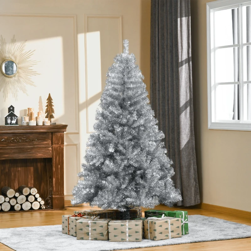 HOMCOM 6ft Unlit Full Pine Artificial Christmas Tree with Realistic Branches, Fake Holiday Tree with 1000 Tips, Silver
