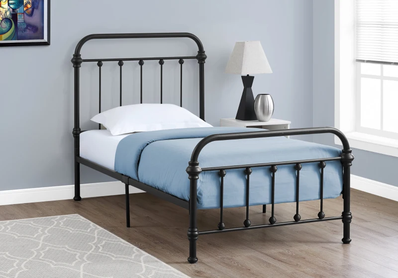 Monarch 41" Contemporary Vertical Slat Finial Metal Bed Frame - Twin Size - Black Finish