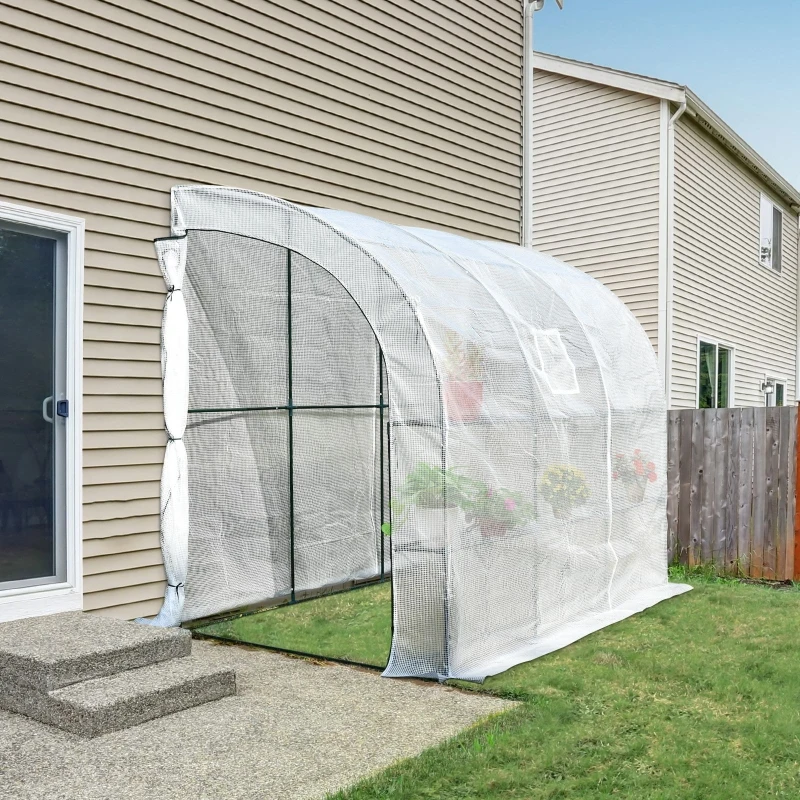 Outsunny 10' x 5' x 7' Lean to Greenhouse, Walk-In Wall Green House Plant Nursery with 2 Roll-up Doors and Window, PE Cover and 3 Wire Shelves, White