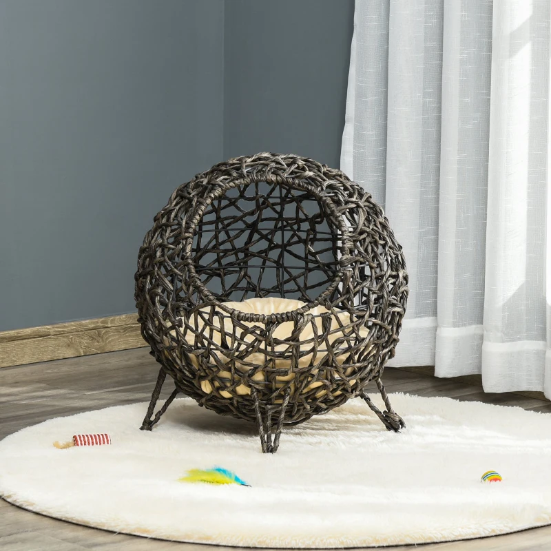 PawHut 20.5" Rattan Cat Bed, Kitten House, Elevated Round Condo for Comfort and Circulation with Cushion, Round Design