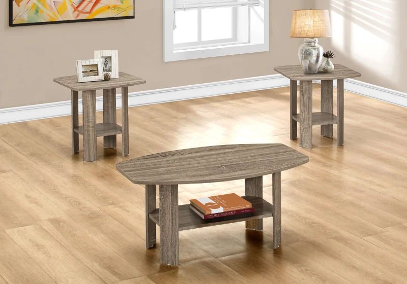 Monarch 3 Piece Contemporary Shelved Wood-Look Coffee Table / Two Matching End Tables Set - Dark Taupe