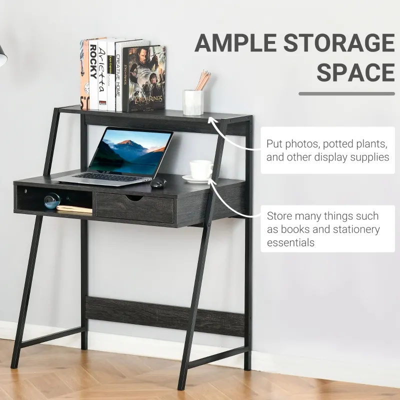 HOMCOM Compact Computer Writing Desk with Drawer & Storage Shelves - Space-Saving Design for Small Spaces, Home Office, Grey