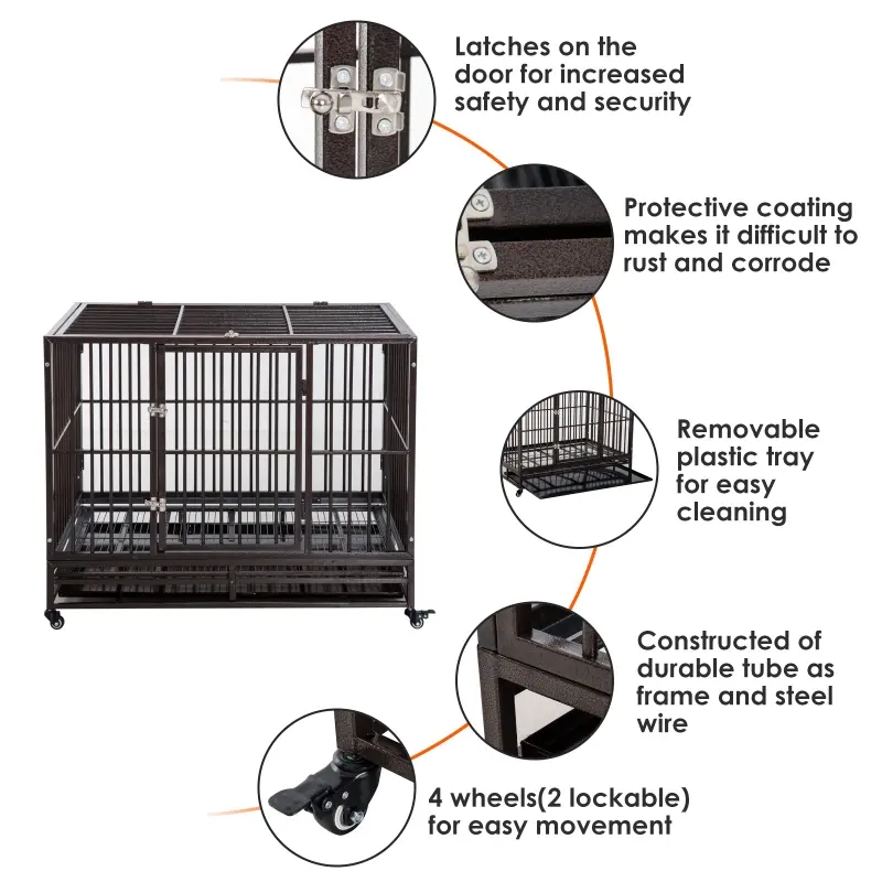 PawHut 42" Heavy Duty Dog Crate Metal Cage Kennel with Lockable Wheels, Double Door and Removable Tray, Brown
