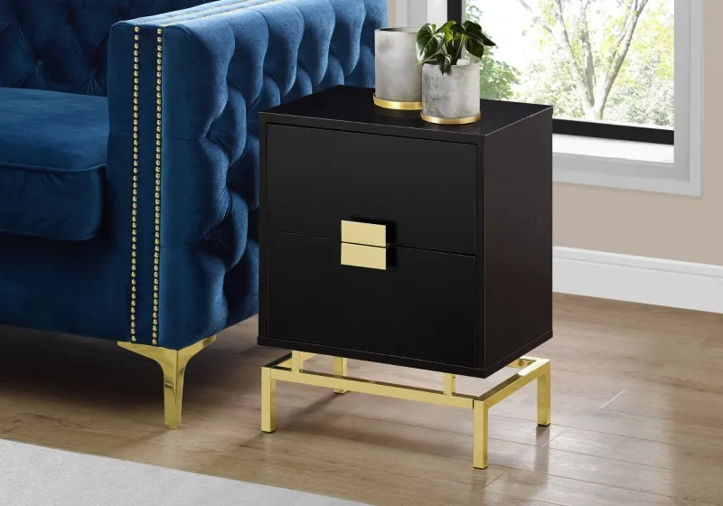 Monarch 24" Retro Inspired 2 Drawer End Table Night Stand with Metal Base - Cappuccino Wood Grain-Look / Gold Metal Base