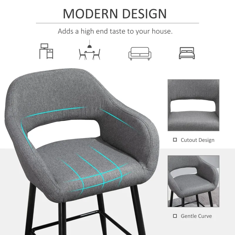 HOMCOM Modern Counter Height Barstool Linen Fabric Upholstered Chair with Footrest & Metal Legs,  Dark Grey