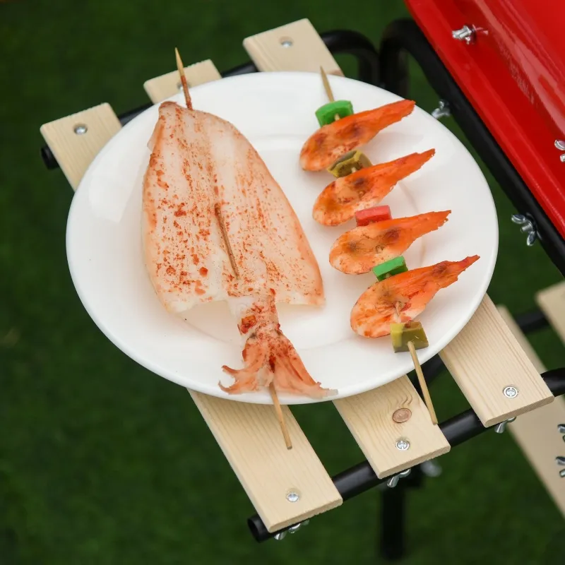 Outsunny Portable BBQ Grill Charcoal Grill with Wheels Bottom Shelf, 2 Tables and Adjustable Vents for Backyard Cooking, Red