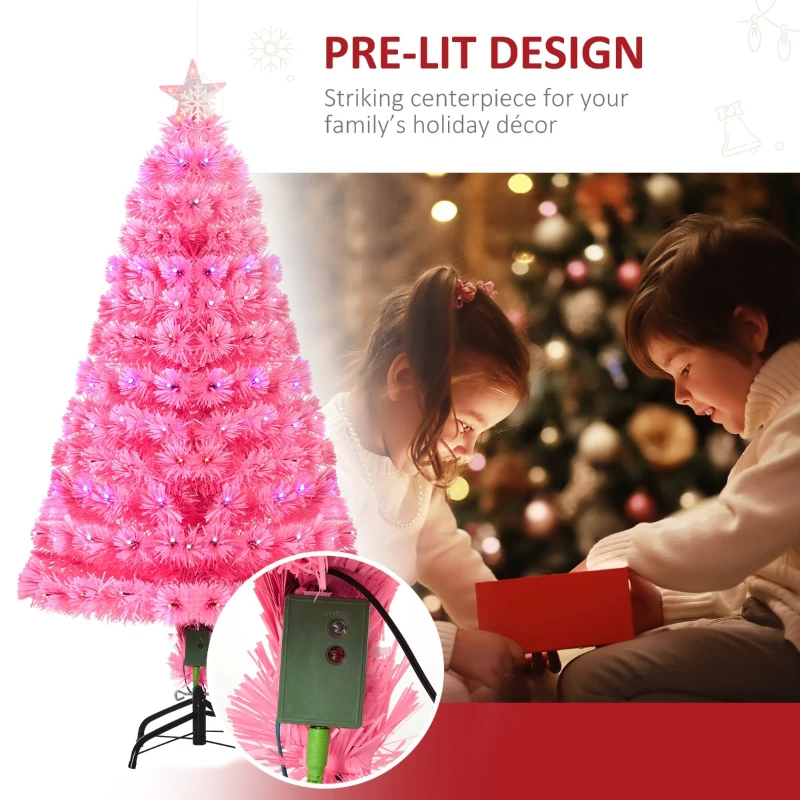 HOMCOM 4ft Fir Artificial Christmas Tree with Realistic Branches, 130 Multi-Color Fiber Optic LED Lights and 130 Tips, Pink