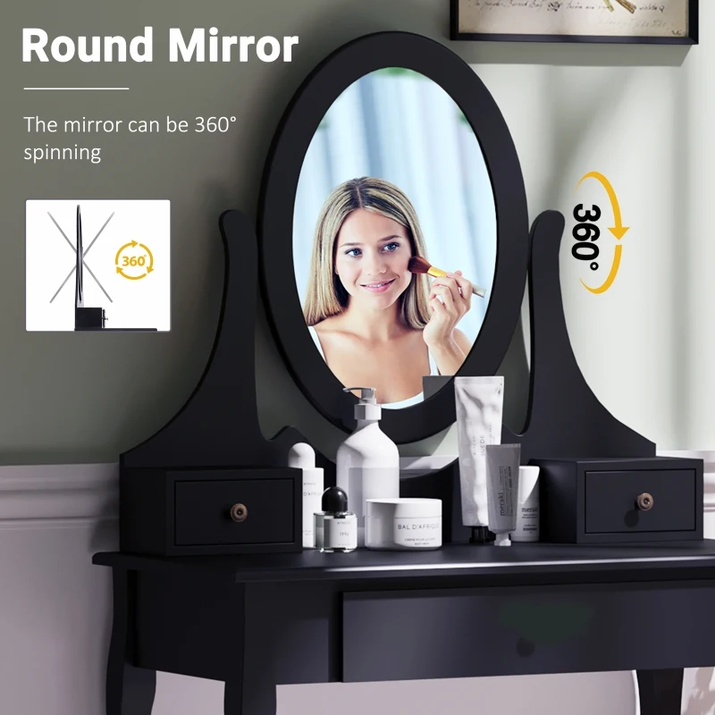 HOMCOM Wooden Makeup Vanity Dressing Table Set with 360° Rotating Oval Mirror, 3 Drawers and Padded Stool for Bedroom