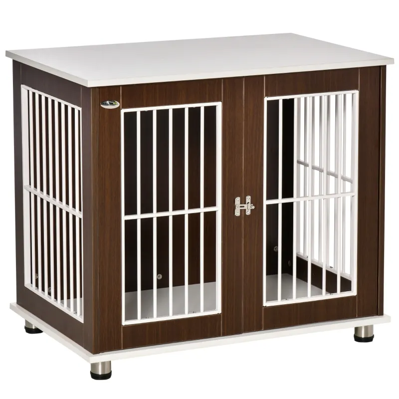 PawHut 34'' Wooden Dog Cage, Modern Wire Dog Crate, Pet Kennel with Door, Lock, Adjustable Foot Pads, for Small and Medium Dogs, Coffee and White