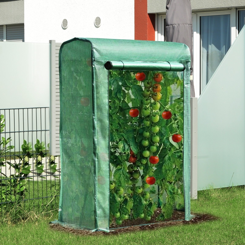 Outsunny Outdoor Tomato Greenhouse Mini Plant Growhouse with Zipper Roll-up Door PE Cover Steel 39.25" x 19.75" x 59"