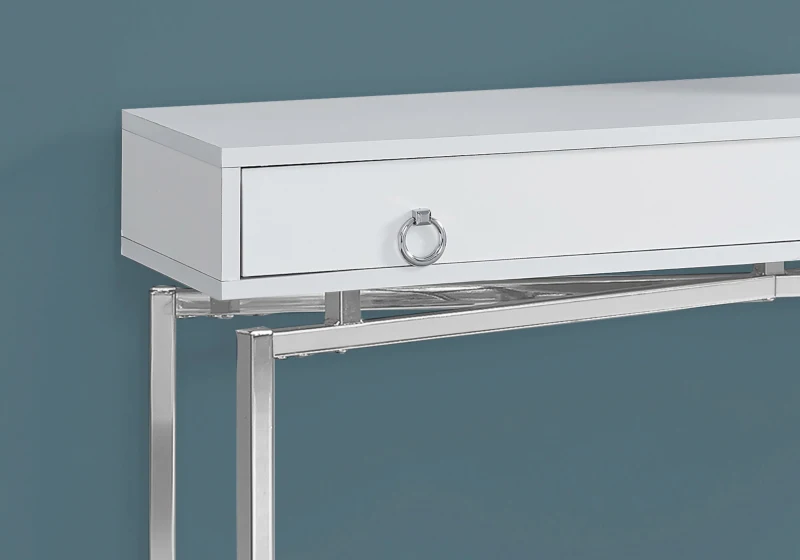 Monarch 42" Chic Glossy Finish Chrome Metal Base Storage Drawer Accent Console Table - White