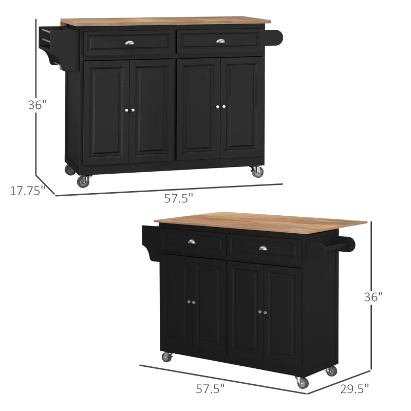HOMCOM Rolling Kitchen Island on Wheels Ultility Cart with Drop-Leaf and Rubber Wood Countertop, Storage Drawer, Door Cabinet, Black