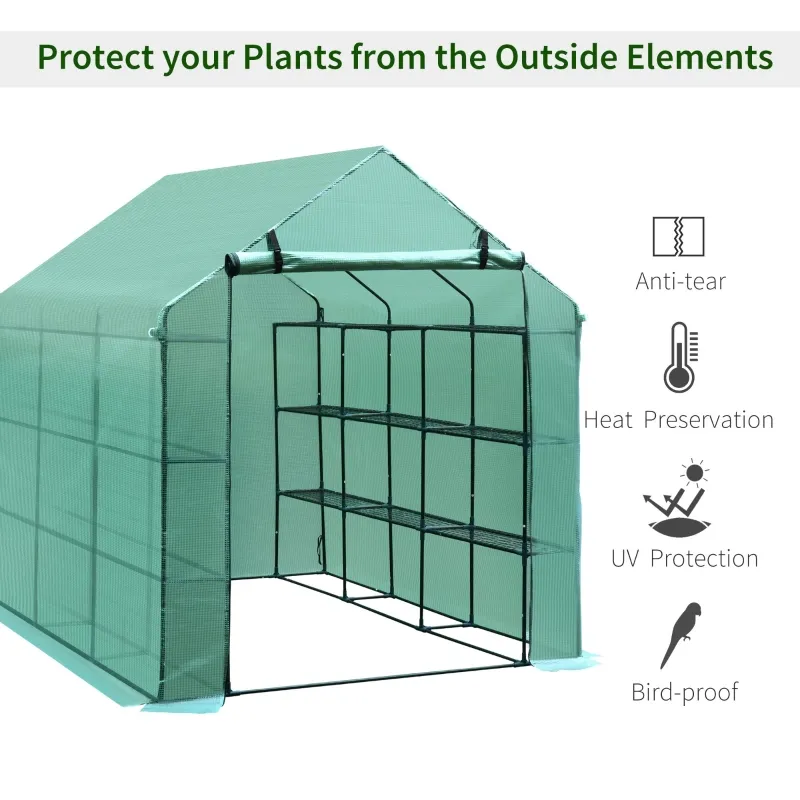 Outsunny Walk-in Greenhouse Plant Garden Hot House with 3 Tiers 18 Shelves, Roll-Up Zipper Door, Growing Shelter for Flowers, 8' x 6' x 7', Green
