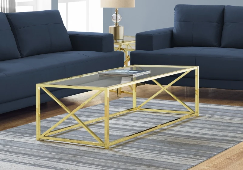 Monarch 44" Contemporary Tempered Glass Coffee Table with X-Design Metal Base - Gold