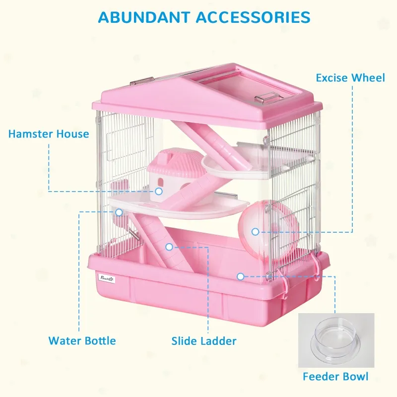 PawHut 3-Tier Hamster Cage Rodent Gerbil Habitat Rat House with Steel Wire, Exercise Wheel, Food Dish, Water Bottle, Pink