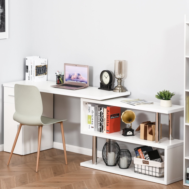 HOMCOM L-Shaped Rotating Computer Desk Home Office Study Workstation with Storage Shelves, Cabinet and Drawer for Home & Office, White