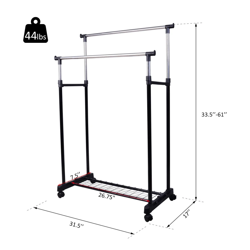 HOMCOM Heavy Duty Double Rail Clothes Rack Clothing Garment Rack with Wheels and Bottom Shelf