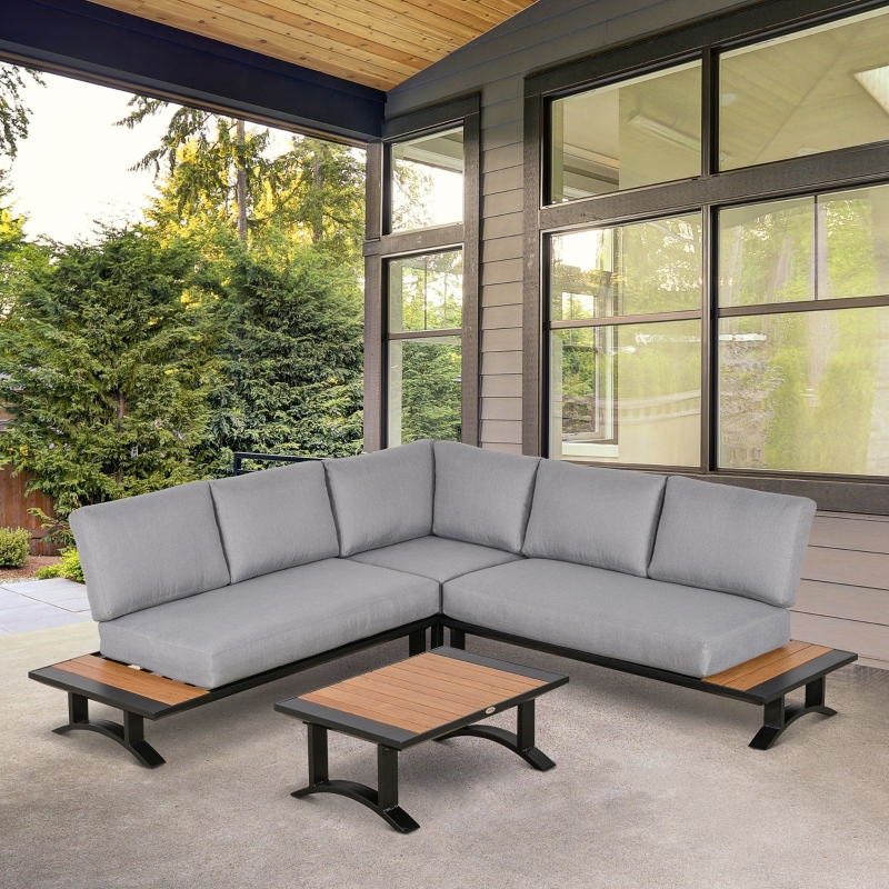 Outsunny 4 Piece Patio Conversation Set Include 2 Loveseat 1 Corner Sofa 1 Coffee Table Cushion Pillow Aluminum Framed Sectional Garden Furniture for Garden Backyard Poolside