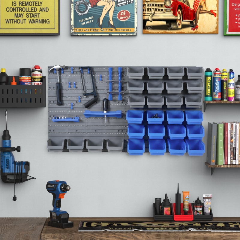 DURHAND 44PC Wall Mounted Storage Bins Parts Rack Kit with Storage Bins, Pegboard and Hooks, Garage Plastic Organizer, Blue