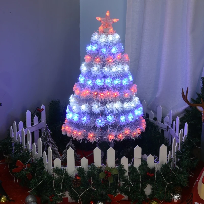 HOMCOM 3ft Tall Pre-Lit Douglas Fir Artificial Christmas Tree with Realistic Branches, 90 Multi-Color LED Lights, Fiber Optics, and 90 Tips, White