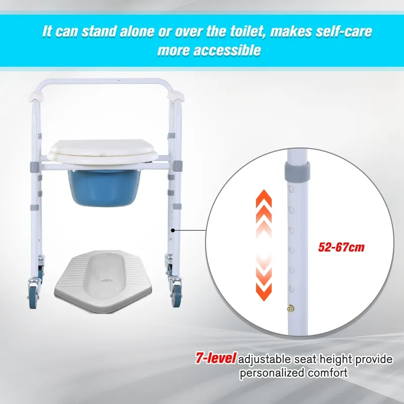 HOMCOM Personal Mobility Assist Bedside Commode Toilet Chair with 6-Level Adjustable Height & Shower Accessibility