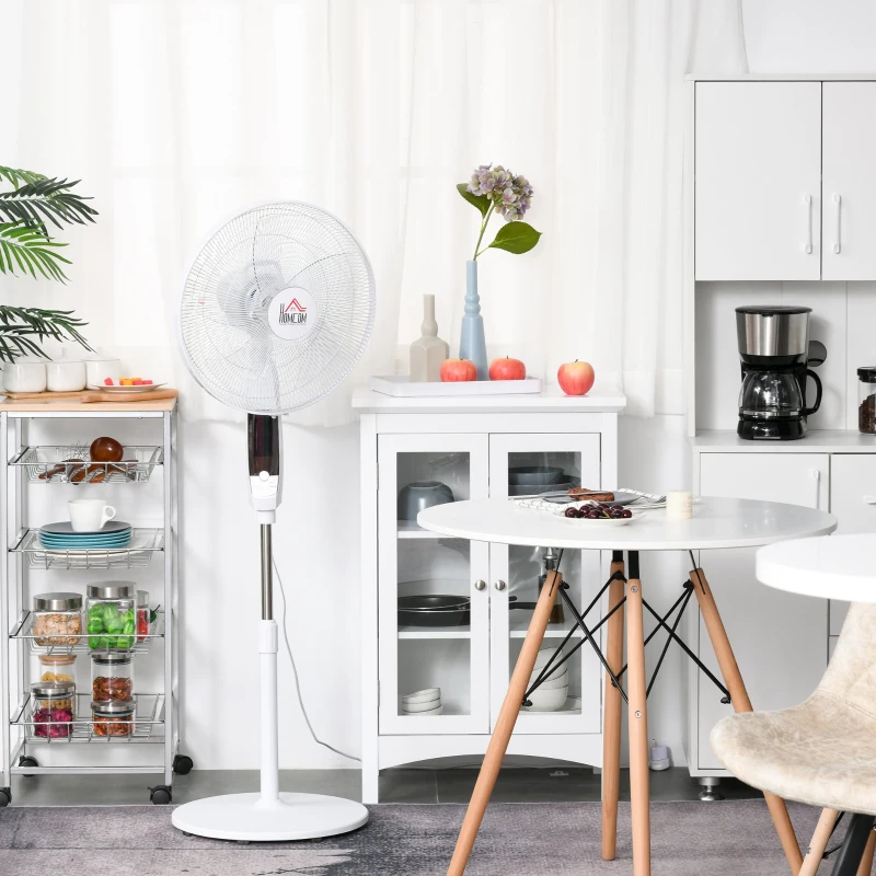 HOMCOM 16 Inch Pedestal Standing Fan Floor Fan with 3 Speeds, 85° Oscillation, LED Panel, Remote Controller, 7.5-Hour Timer, Adjustable Heights for Living Room, Bedroom, Office, Black/White