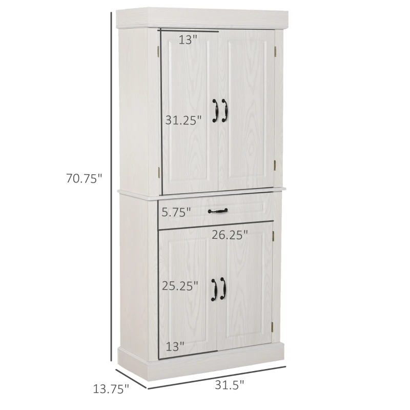 HOMCOM 71" Freestanding Kitchen Pantry Traditional Storage Cupboard Floor Utility Cabinets with Drawer for Living Room, Hallway,Ivory