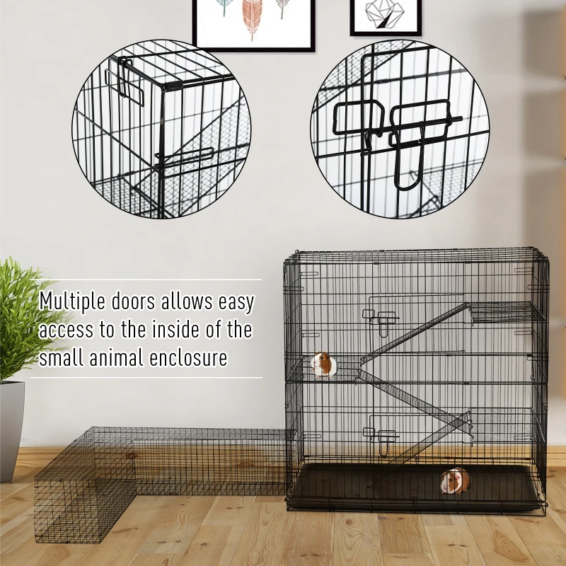 Pawhut Small Animal Cage Hutch Pet Play House with Platform, Ramp, Removable Tray, Wire Runway for Rabbits, Guinea Pigs, Ferret