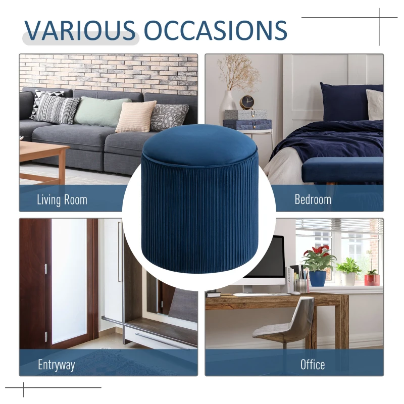 HOMCOM 15'' Small Padded Ottoman Foot Stool with Wrinkle Fabric Design, Thick Sponge Padding and Solid Base, Blue