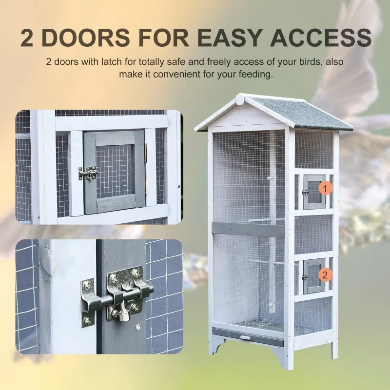 PawHut 60" Wooden Outdoor Bird Cage for Finches, Parakeet, Large Bird Cage with Removable Bottom Tray 4 Perch, Light Gray
