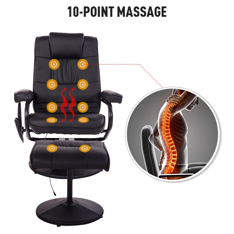HOMCOM Massaging Faux Leather Recliner Chair and Ottoman Set, Swivel Vibration Massage Lounge Chair with Remote Control for Living Room, Bedroom, or Office, Black