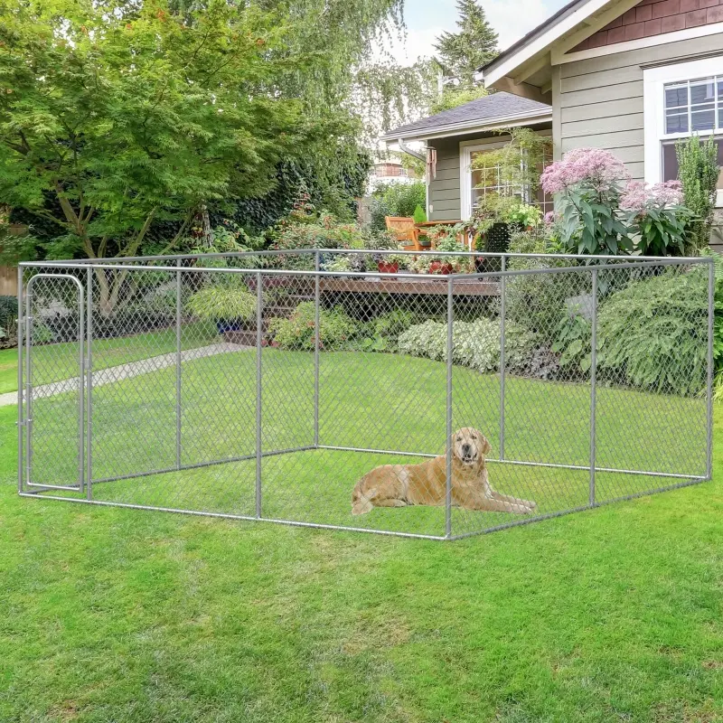 PawHut Dog Kennel Outdoor Galvanized Chain Link Fence Heavy Duty Pet Run House Chicken Coop with Secure Lock Mesh Sidewalls for Backyard Garden Silver, 13' L x 13' W x 5.9' H