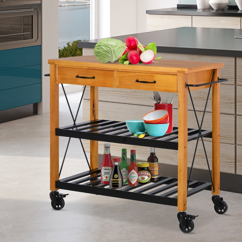 HOMCOM 46" Rolling Kitchen Storage Island on 360° Swivel Wheels Dining Cart Rubber Wood