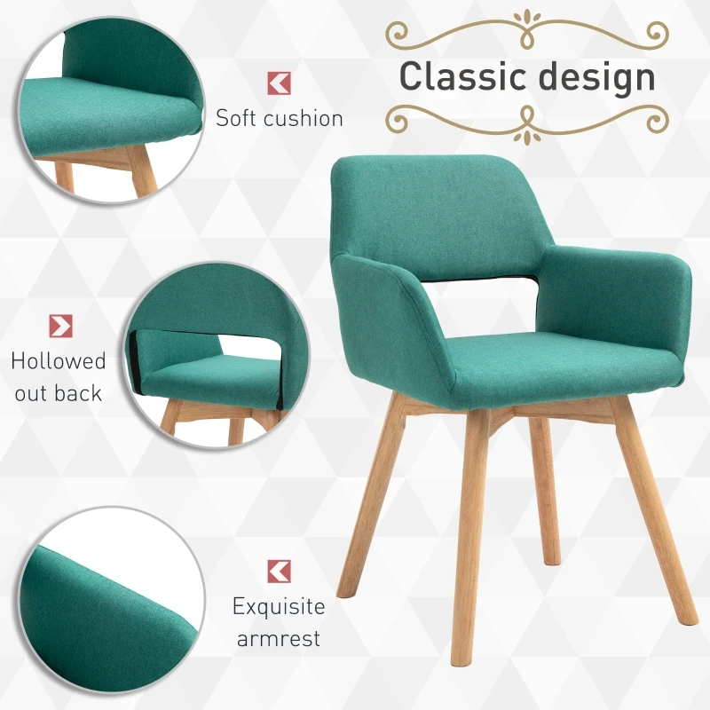 HOMCOM Dining Chairs Set of 2 Home Modern Accent Armchair for Bedroom Living Room with Fabric Surface and Solid Wood Legs, Green