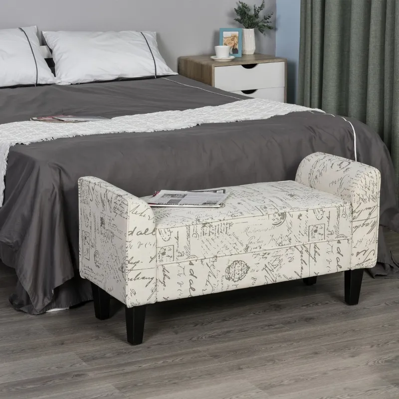 HOMCOM 42" Ottoman Bench, Modern Linen Armed Entryway Bench, Signature Print with Cream White Parchment Background