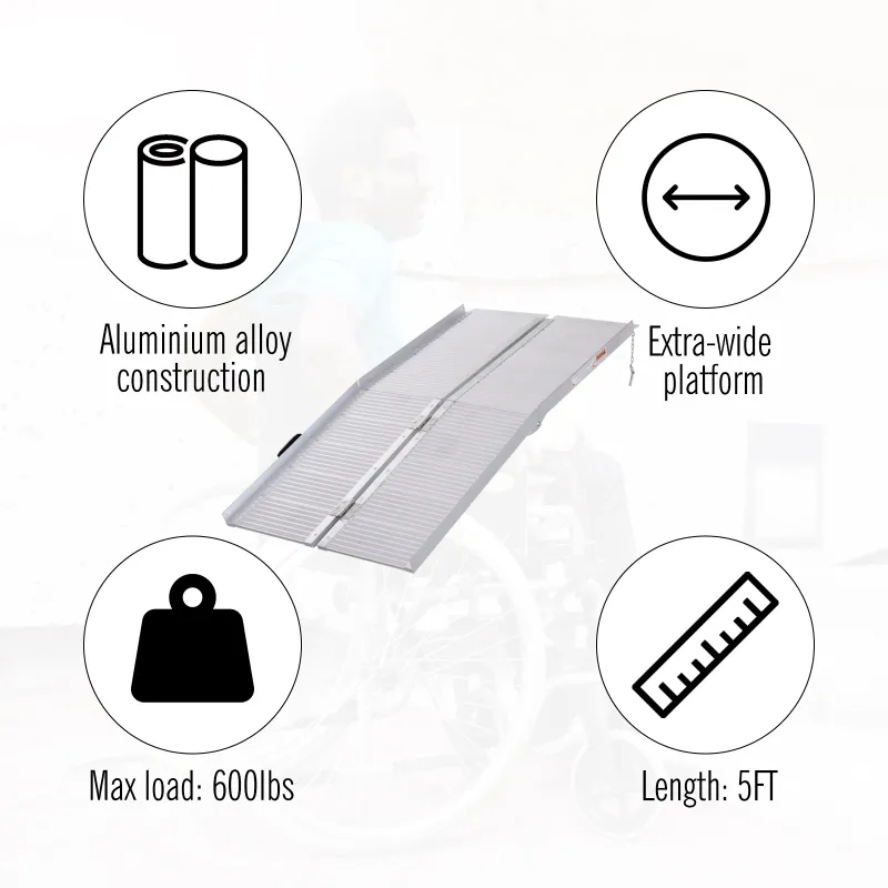 HOMCOM 5' Foldable Handicap Ramp for Home, Steps, Doorways, Aluminum Portable Wheelchair Ramp, Textured Threshold Ramp, Silver