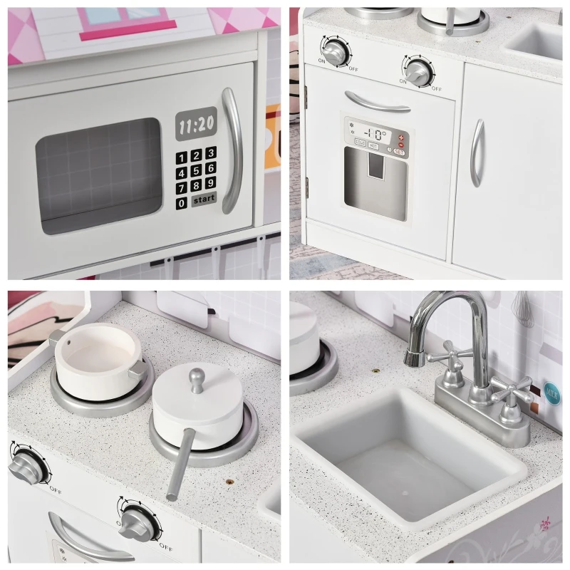 Qaba 2 in 1 Multifunctional Kids kitchen Doll House Toddler Pretend Play Toy Kitchen with Accessories Realistic Play Cooking Set for Girls Boys Pink
