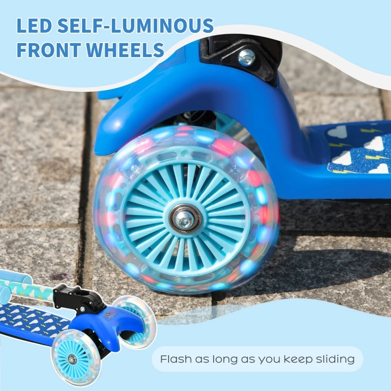 Aosom Kick Scooter for Kids, Foldable Children's Scooter with 3 Wheels, Adjustable Height, and Flashing LED for Boys and Girls, Blue