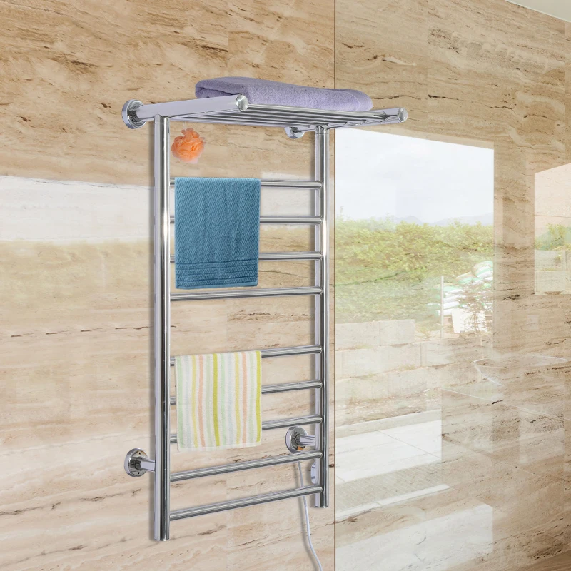 HomCom 9-Bar Stainless Steel Wall Mounted Electric Heated Towel Rack Warmer With Shelf