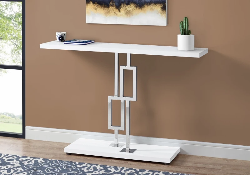Monarch 48" Contemporary Chrome Metal Geometric-Shape Base Accent Sofa Console Table - Glossy White Finish