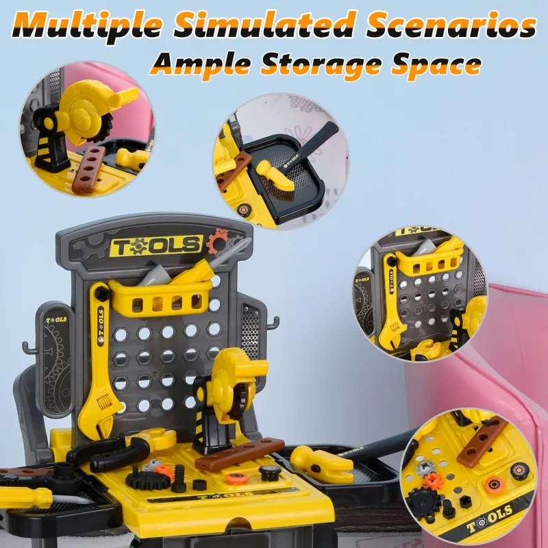 Qaba Workbench Set Pretend Play Toy with Realistic Tools 3-in-1 Design Suitcase Cart with 60 Pcs Accessories for Girls and Boys 3 to 6 Years Old Yellow