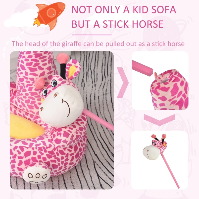 Qaba Giraffe Shaped Kid Sofa Flannel Covered Armchair Stick Horse Child Chair with Padded Seat for 18 to 36 Months, Pink