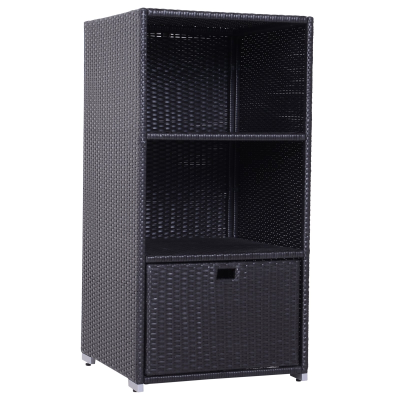 Outsunny Wicker Rattan Pool Towel Valet Organizer Poolside Bathroom Storage Shelf w/2 Shelf 1 Drawer Storage Unit Aluminum Frame Dark Coffee