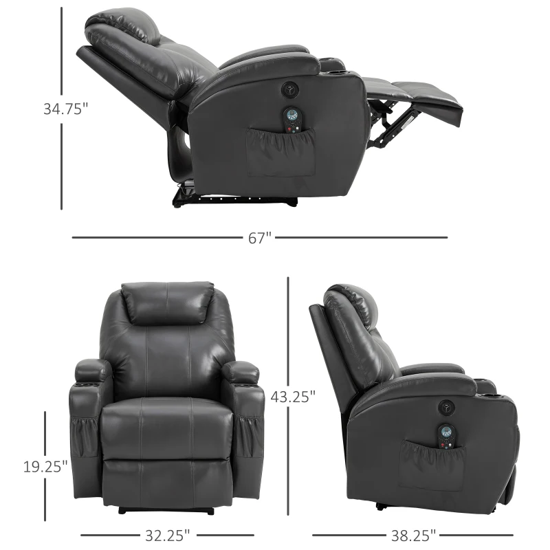 HOMCOM Electric Power Massage Recliner Chair PU leather w/ 8-Point Vibration Waist Heating, USB Port, Dark Grey
