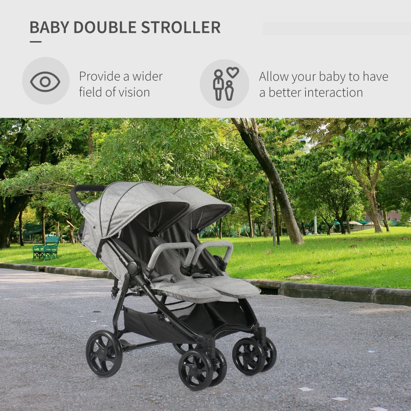 Qaba Side by Side Baby Double Stroller for Toddlers Twin Pushchair with Adjustable Backrest Foot Holder Canopy Safety Harness and Storage Basket Shock Suspension Grey