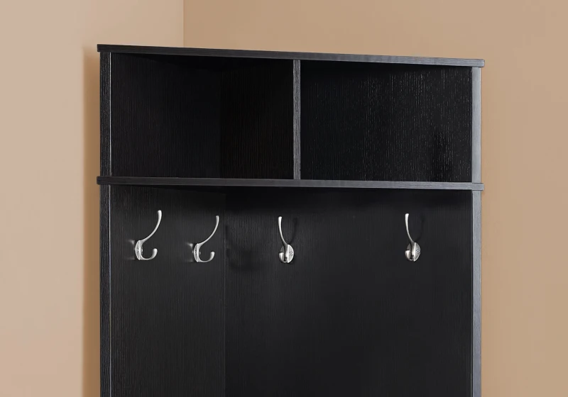 Monarch 67" Transitional Design Wood Grain-Look 4-Hook Coat Rack Corner Hall Tree Storage Shelf Bench - Cappuccino Brown Finish