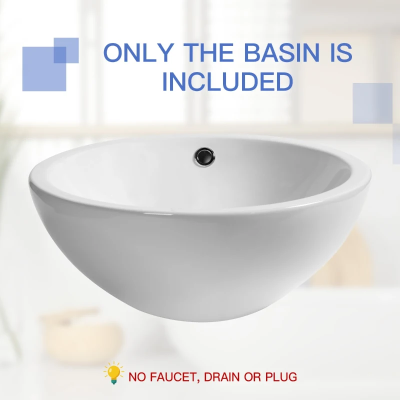 kleankin 18" x 18" Bathroom Vessel Sink, Porcelain Round bowl Art Design Basin Above Counter Ceramic Bathroom Vanity Sink, White
