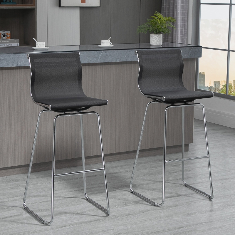 HOMCOM DUO Bar Stool Pub Chair Set Dining Stools w/ Backrest Steel Legs Breathable Mesh Seat for Kitchen Island Counter Modern Elegant, Black