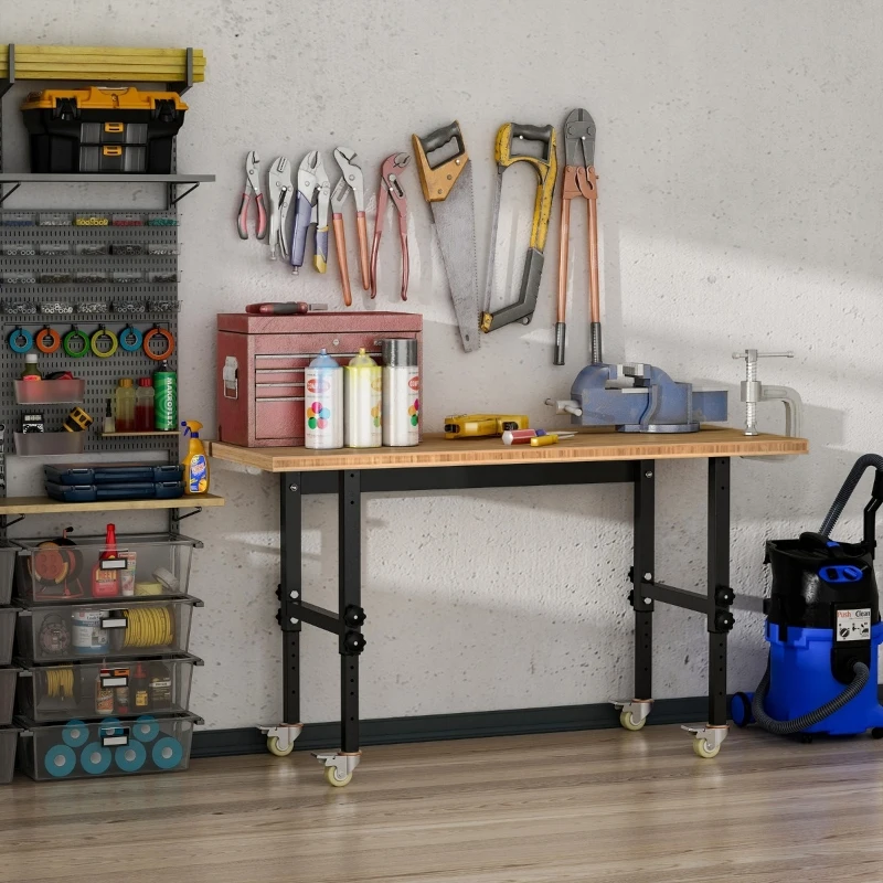 HOMCOM 59" Mobile Workbench - Large Bamboo Tabletop Project Station, Versatile & Durable, Ideal for DIY Enthusiasts & Craftsmen